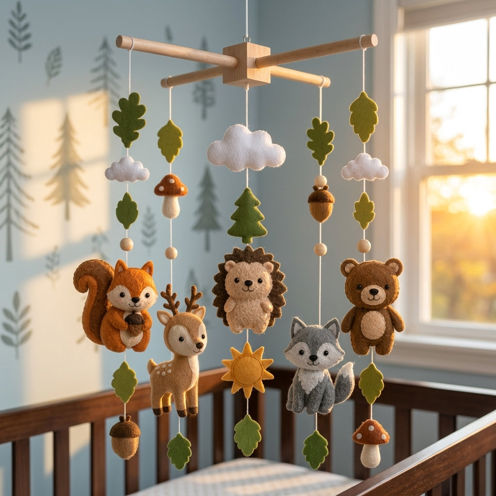 A wooden baby crib in a softly lit nursery, with a hanging woodland-themed mobile featuring felt animals and shapes including a squirrel, deer, hedgehog, bear, fox, mushrooms, acorns, and leaves.