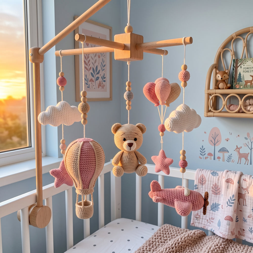 Crochet Teddy Bear Baby Mobile, Gift for girl