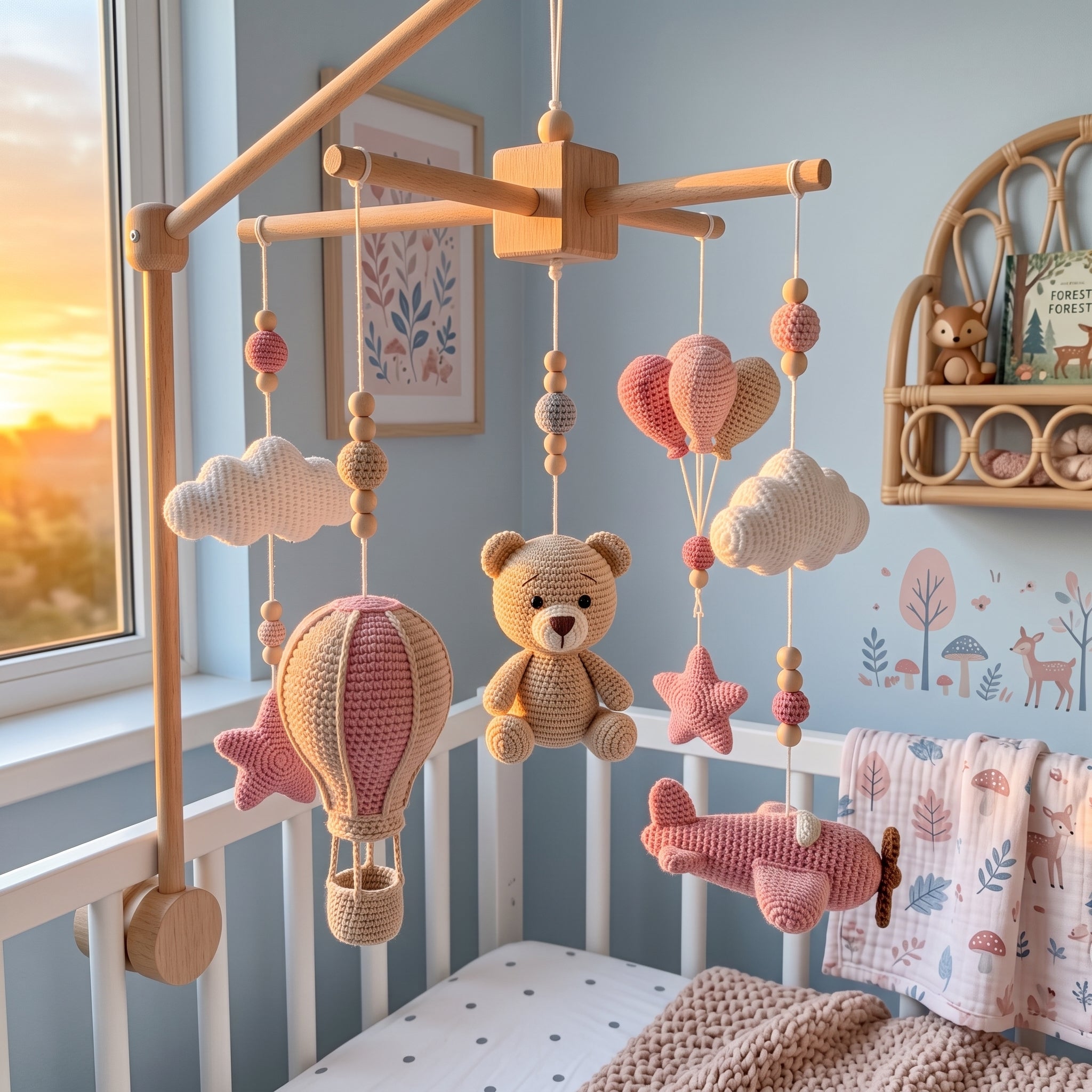 Crochet Teddy Bear Baby Mobile, Gift for girl