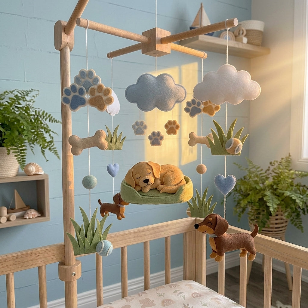 Felt Dog Baby Mobile, Puppy Nursery Crib Decor with Paw