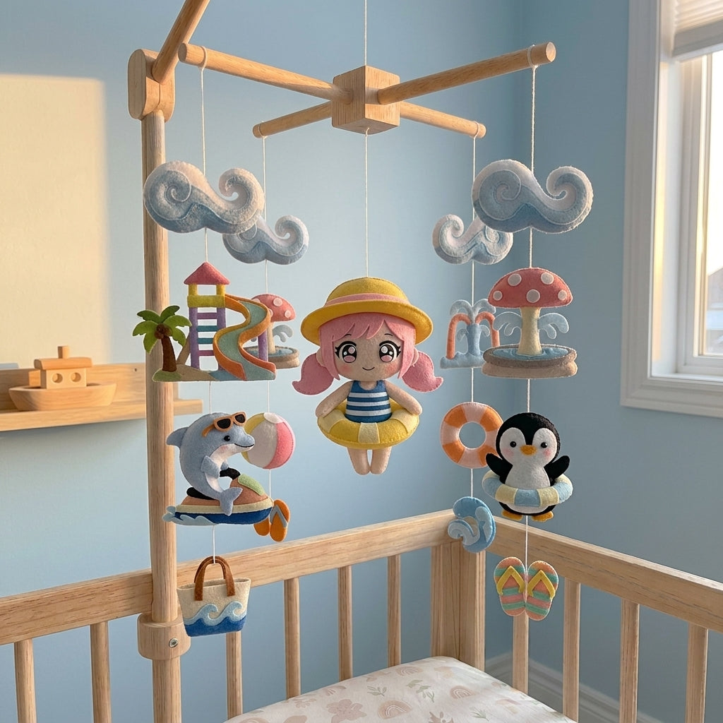 Felt Water Park Baby Mobile, Summer Pool Nursery Crib Decor