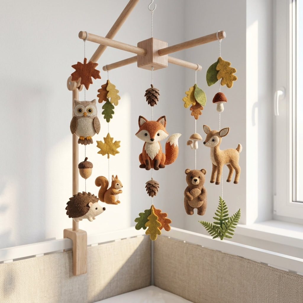 Felt Woodland Animals Baby Mobile, Fox Deer Bear Owl Squirrel Hedgehog