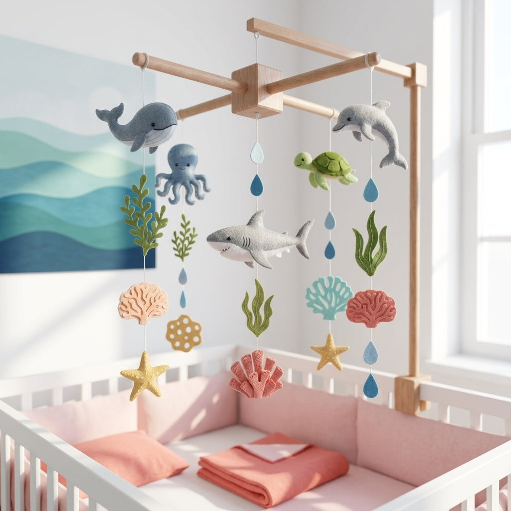 Felt Ocean Animals Baby Mobile, Whale Dolphin Shark Turtle Octopus Coral Reef Sea Life Nursery Crib Decor Baby Shower Gift for Baby