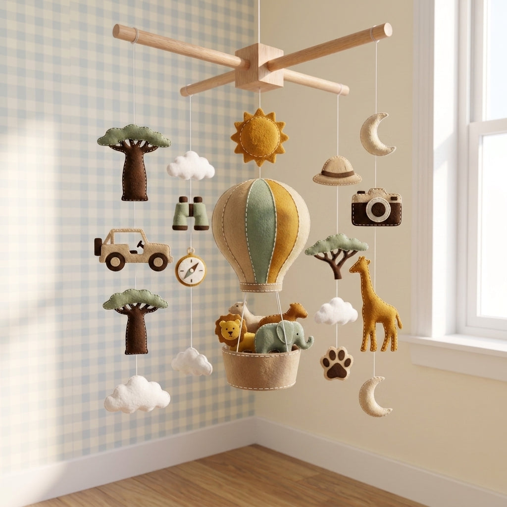 Felt safari adventure baby mobile with hot air balloon, lion, elephant, giraffe, safari jeep, camera, trees and moon