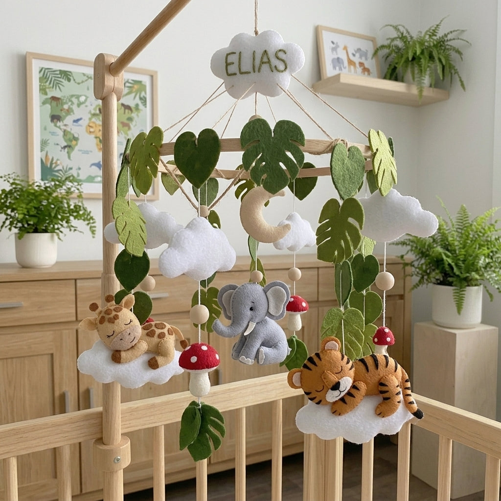 Personalized Felt Safari Baby Mobile with Giraffe Elephant Tiger Leaves Moon Clouds