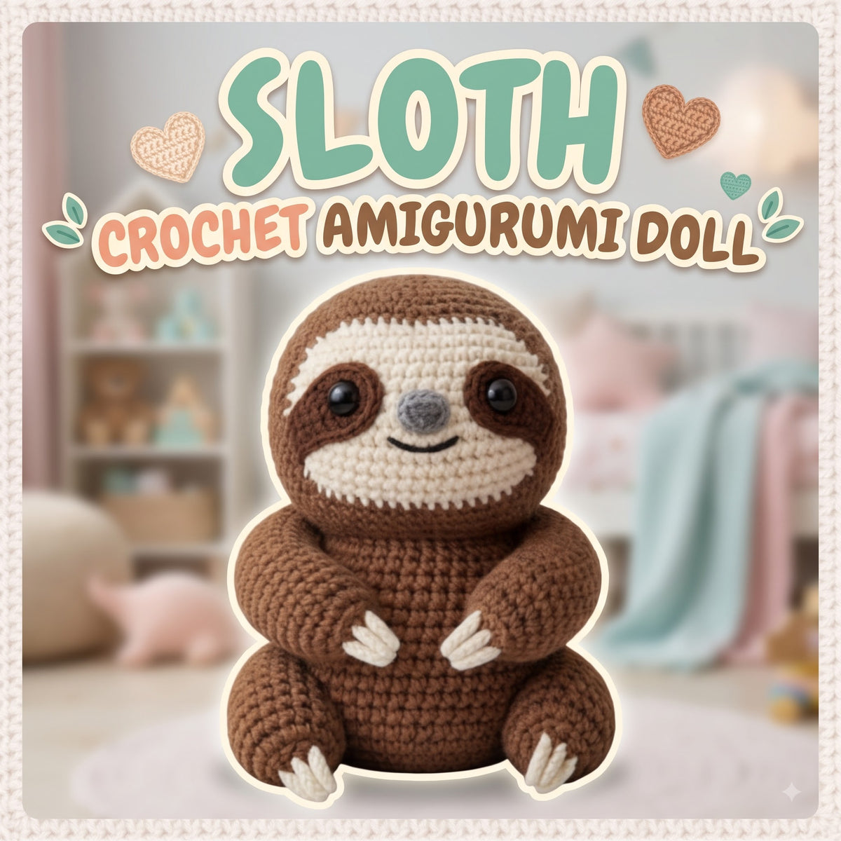 Handmade brown sloth crochet amigurumi doll with dark eye patches and white claws sitting upright, with text reading "SLOTH CROCHET AMIGURUMI DOLL".