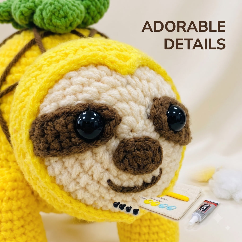A close-up of a crocheted sloth toy wearing a yellow hood with a green leafy top, shown against a soft cream background. The text 'ADORABLE DETAILS' appears in the upper right, and small crafting accessories are visible near the bottom right.