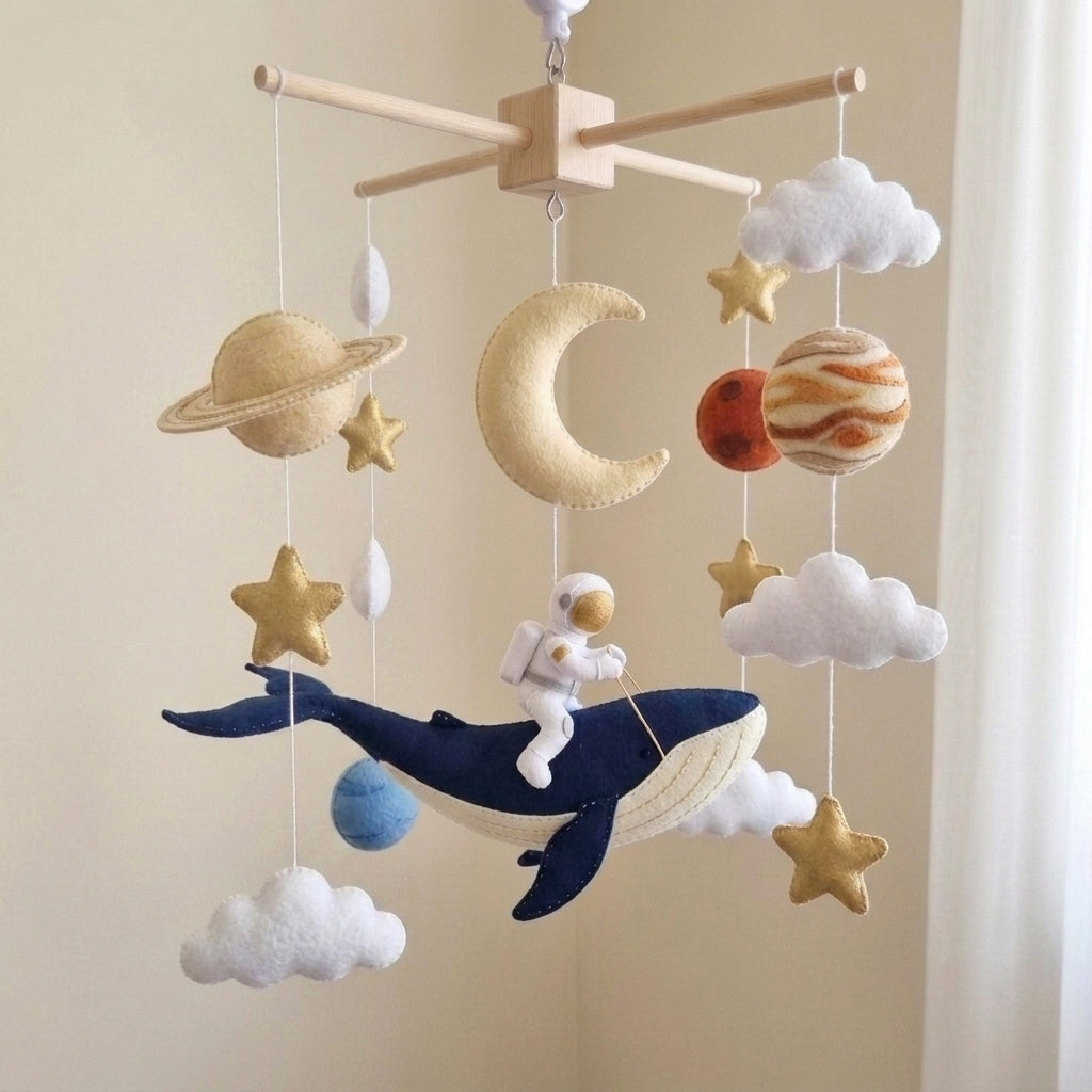 Cosmic Whale Adventure Felt Baby Mobile, Handmade Astronaut Crib Hanging with Planets, Moon and Stars
