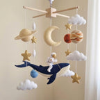 Cosmic Whale Adventure Felt Baby Mobile, Handmade Astronaut Crib Hanging with Planets, Moon and Stars