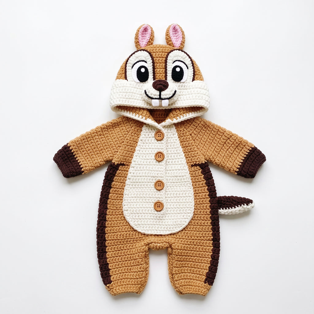 Handmade Chipmunk Baby Romper, Crochet Woodland Animal Onesie, Brown Hooded Newborn Outfit, Baby Shower Gift, Photo Prop
