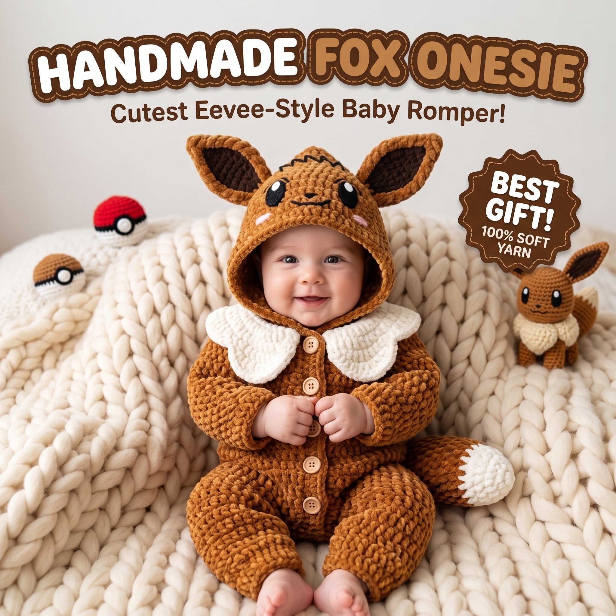 Handmade Fox Baby Romper, Crochet Woodland Animal Onesie, Brown Hooded Newborn Outfit, Baby Shower Gift, Baby Photo Prop