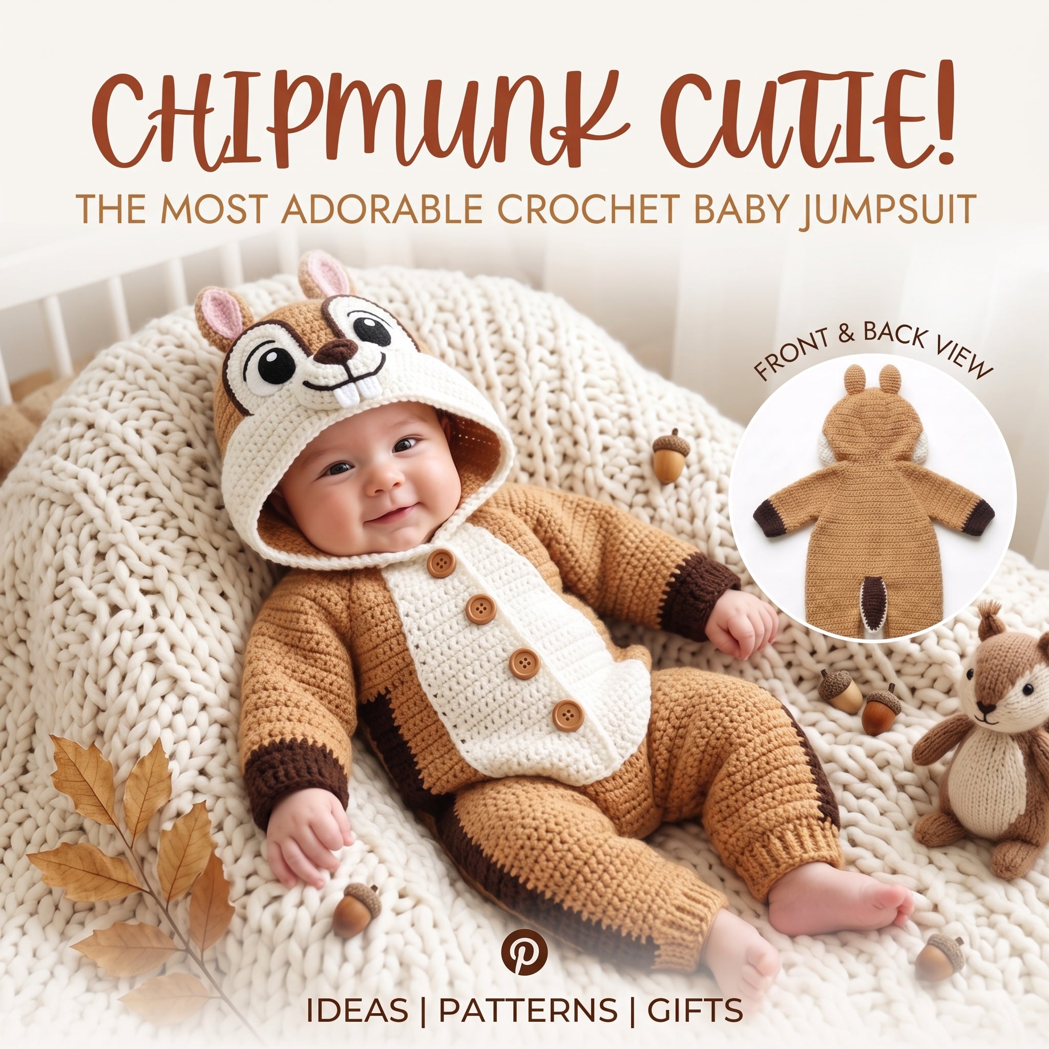 Handmade Chipmunk Baby Romper, Crochet Woodland Animal Onesie, Brown Hooded Newborn Outfit, Baby Shower Gift, Photo Prop
