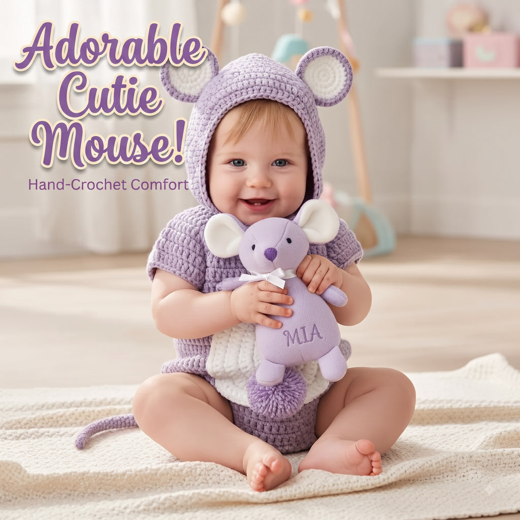 Crochet Mouse Baby Outfit, Handmade Hooded Romper with Tail, Newborn Photo Prop, Baby Halloween Costume, Baby Shower Gift