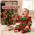 Crochet Gingerbread Baby Romper, Handmade Christmas Infant Outfit with Bow and Ruffles, Newborn Photo Prop, First Christmas Gift