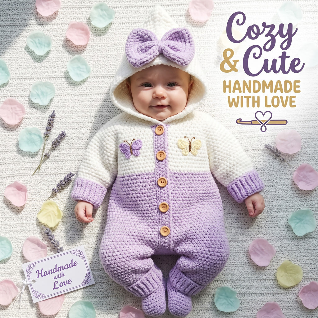 Crochet Baby Romper, Purple Butterfly Hooded Jumpsuit with Bow, Newborn Coming Home Outfit, Baby Girl Photo Prop, Baby Shower Gift