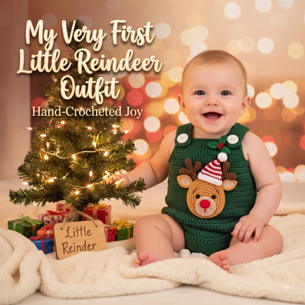 Crochet Baby Christmas Outfit, Reindeer Baby Romper, Handmade Newborn Photo Prop, Baby Boy First Christmas Gift