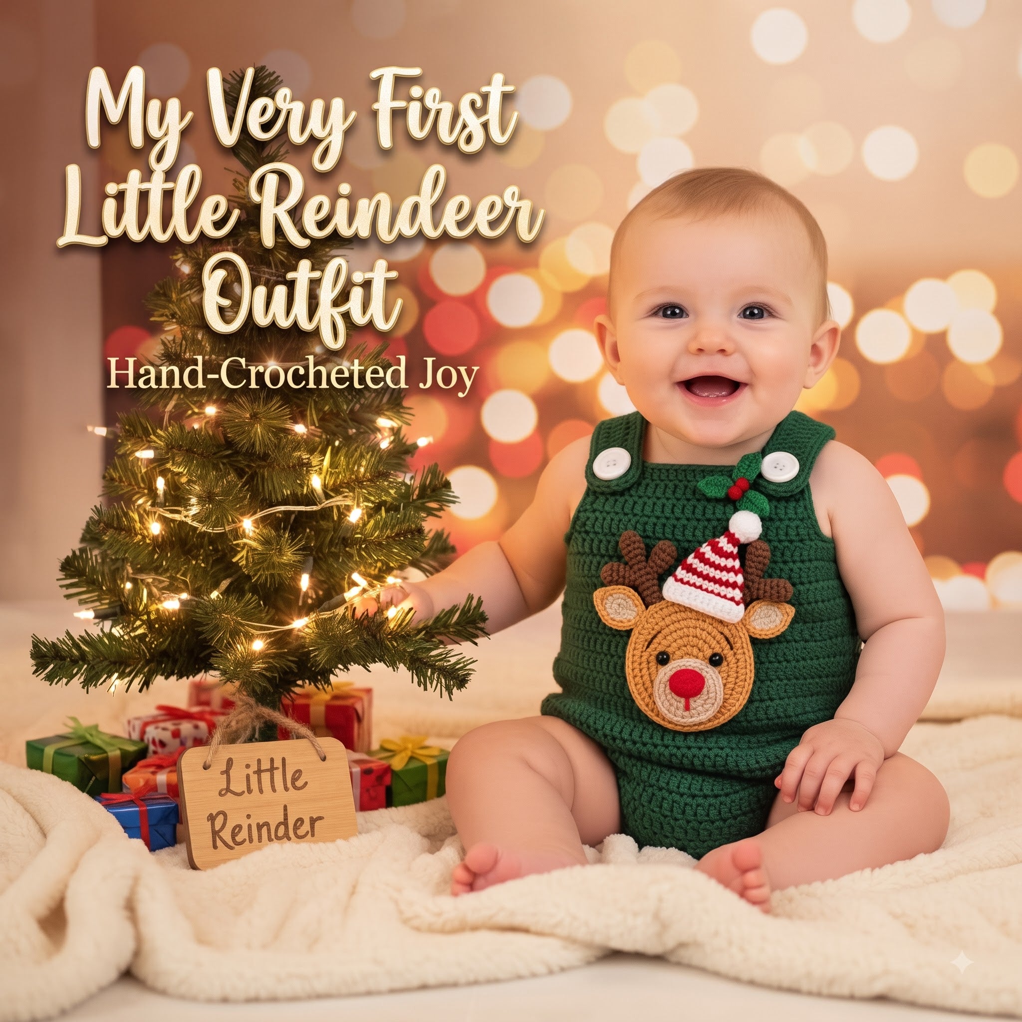 Crochet Baby Christmas Outfit, Reindeer Baby Romper, Handmade Newborn Photo Prop, Baby Boy First Christmas Gift