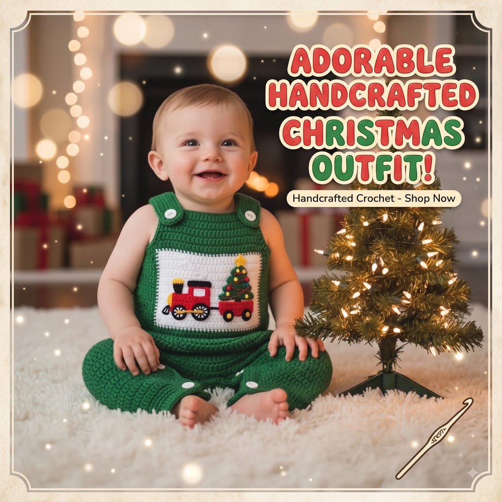 Crochet Christmas Baby Romper, Handmade Train Overalls, Newborn Holiday Outfit, First Christmas Photo Prop, Baby Shower Gift
