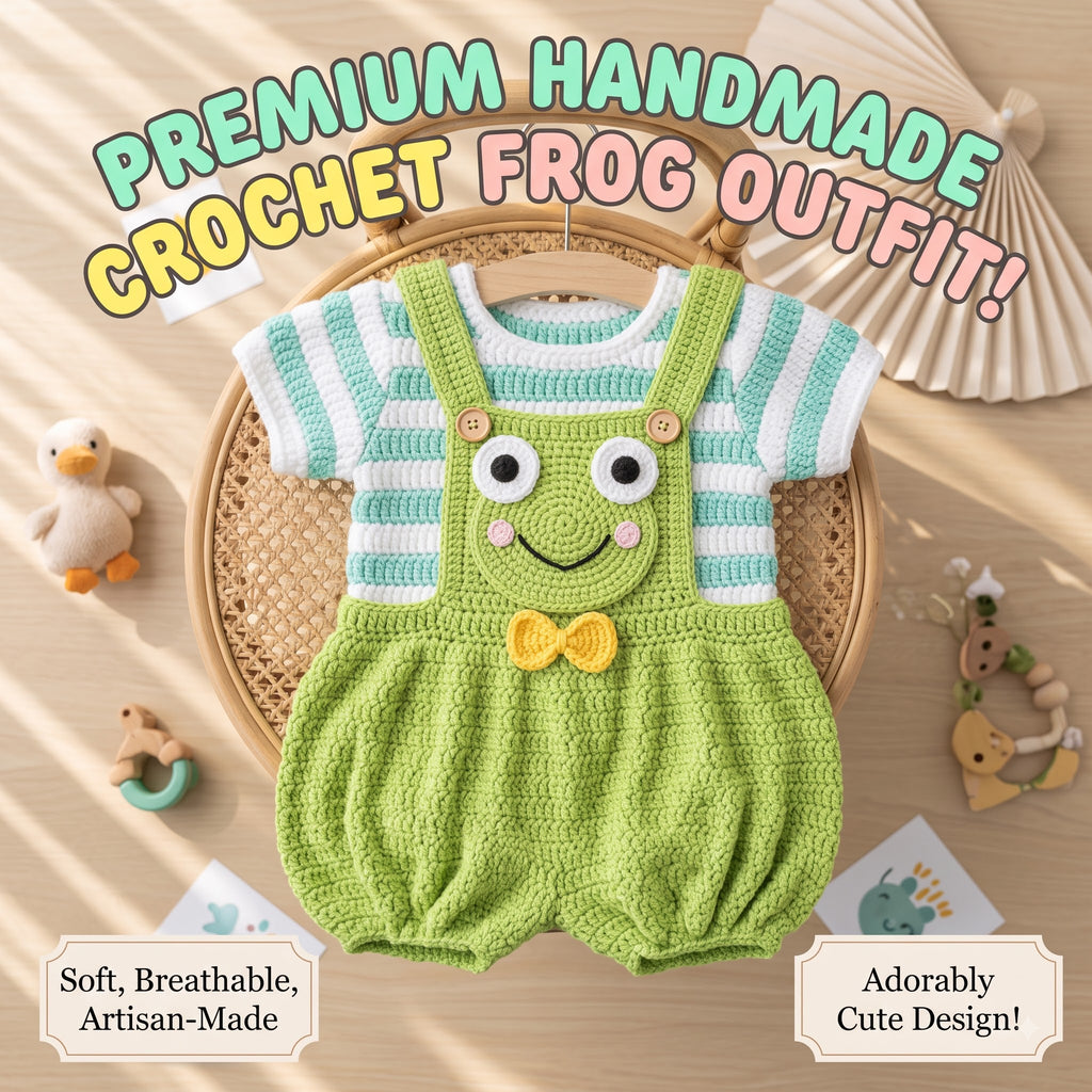 Crochet Frog Baby Outfit, Green Frog Romper and Striped Shirt, Newborn Photo Prop, Coming Home Outfit, Baby Shower Gift