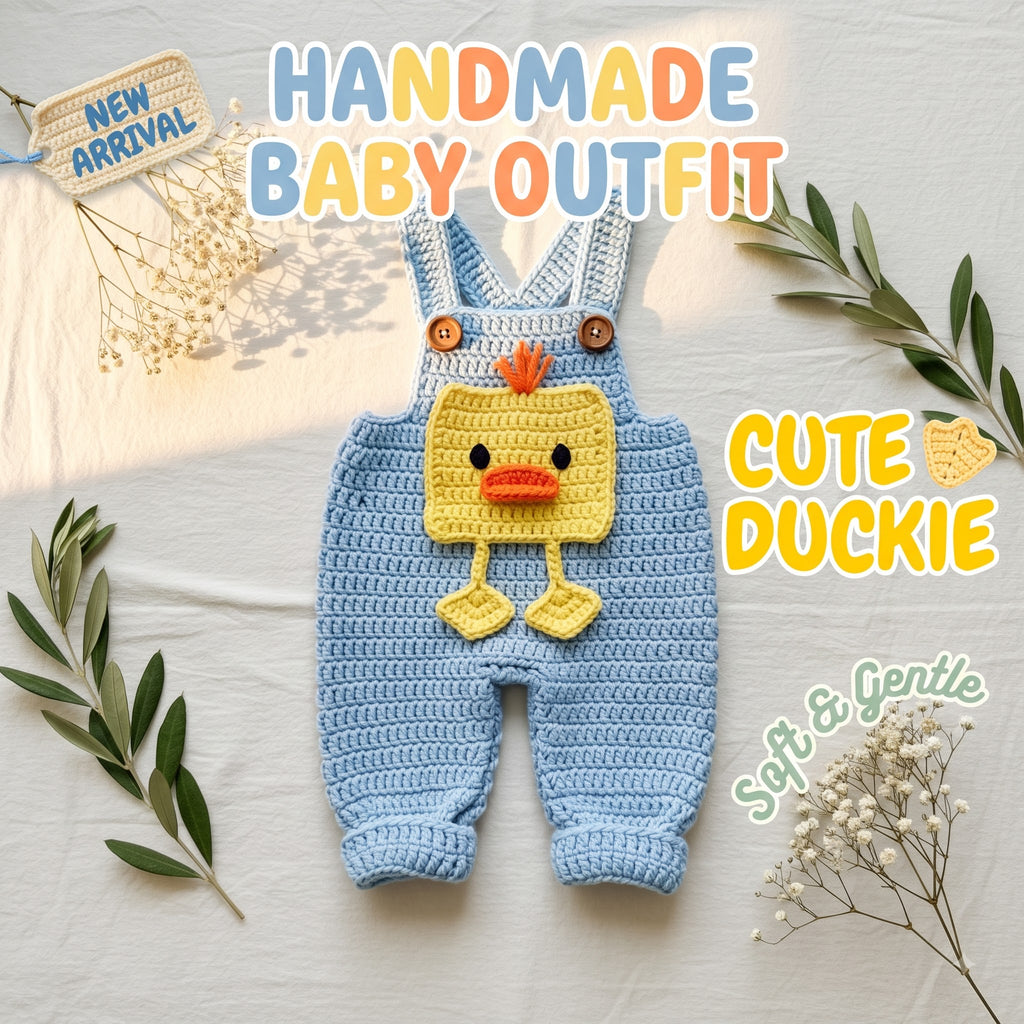Crochet Duck Baby Romper, Handmade Blue Baby Overalls, Newborn Photo Prop, Easter Baby Outfit, Baby Shower Gift