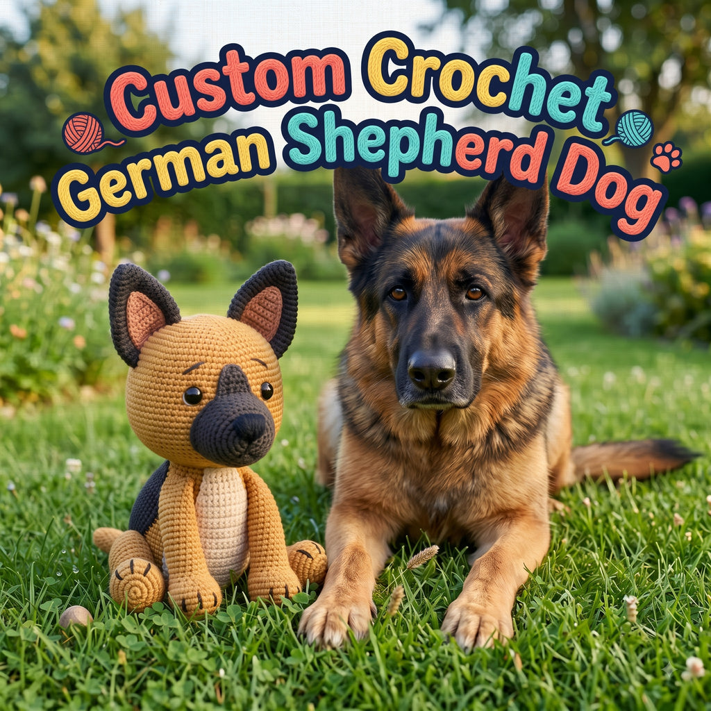 A German Shepherd dog lies on green grass beside a crocheted German Shepherd dog toy, with large colorful text reading 'Custom Crochet German Shepherd' across the top.