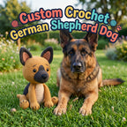 A German Shepherd dog lies on green grass beside a crocheted German Shepherd dog toy, with large colorful text reading 'Custom Crochet German Shepherd' across the top.