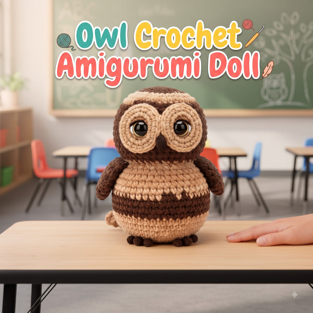 A crocheted owl doll sits on a wooden table in a softly blurred classroom setting, with colorful chairs, a chalkboard, and large overlaid text reading 'Owl Crochet Amigurumi Doll.' A human hand is visible at the lower right edge.