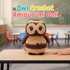 A crocheted owl doll sits on a wooden table in a softly blurred classroom setting, with colorful chairs, a chalkboard, and large overlaid text reading 'Owl Crochet Amigurumi Doll.' A human hand is visible at the lower right edge.