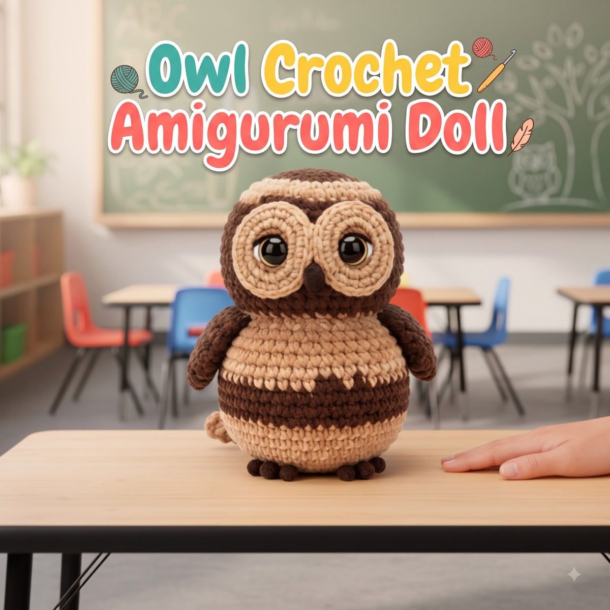 A crocheted owl doll sits on a wooden table in a softly blurred classroom setting, with colorful chairs, a chalkboard, and large overlaid text reading 'Owl Crochet Amigurumi Doll.' A human hand is visible at the lower right edge.