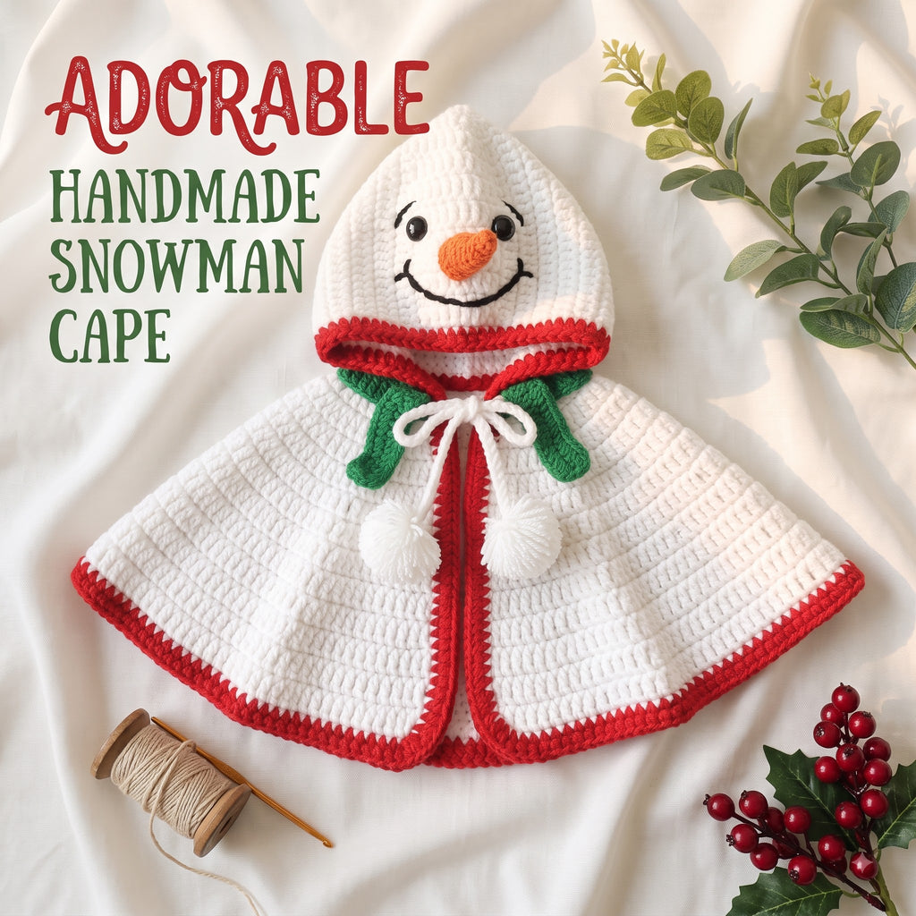 Handmade Crochet Snowman Baby Cape, Christmas Hooded Poncho, Newborn Photo Prop, Baby’s First Christmas Outfit, Holiday Gift