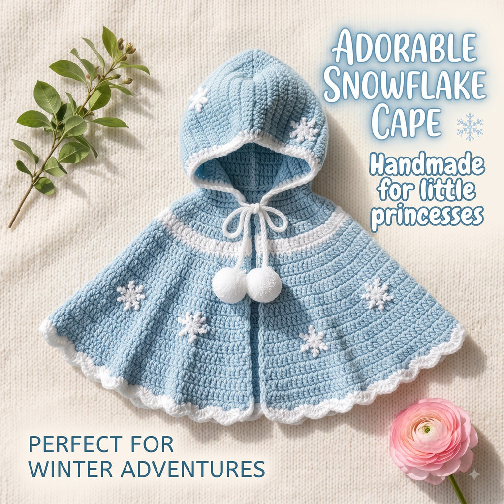 Crochet Baby Cape, Handmade Blue Snowflake Hooded Poncho, Winter Princess Newborn Photo Prop, Baby Shower Gift