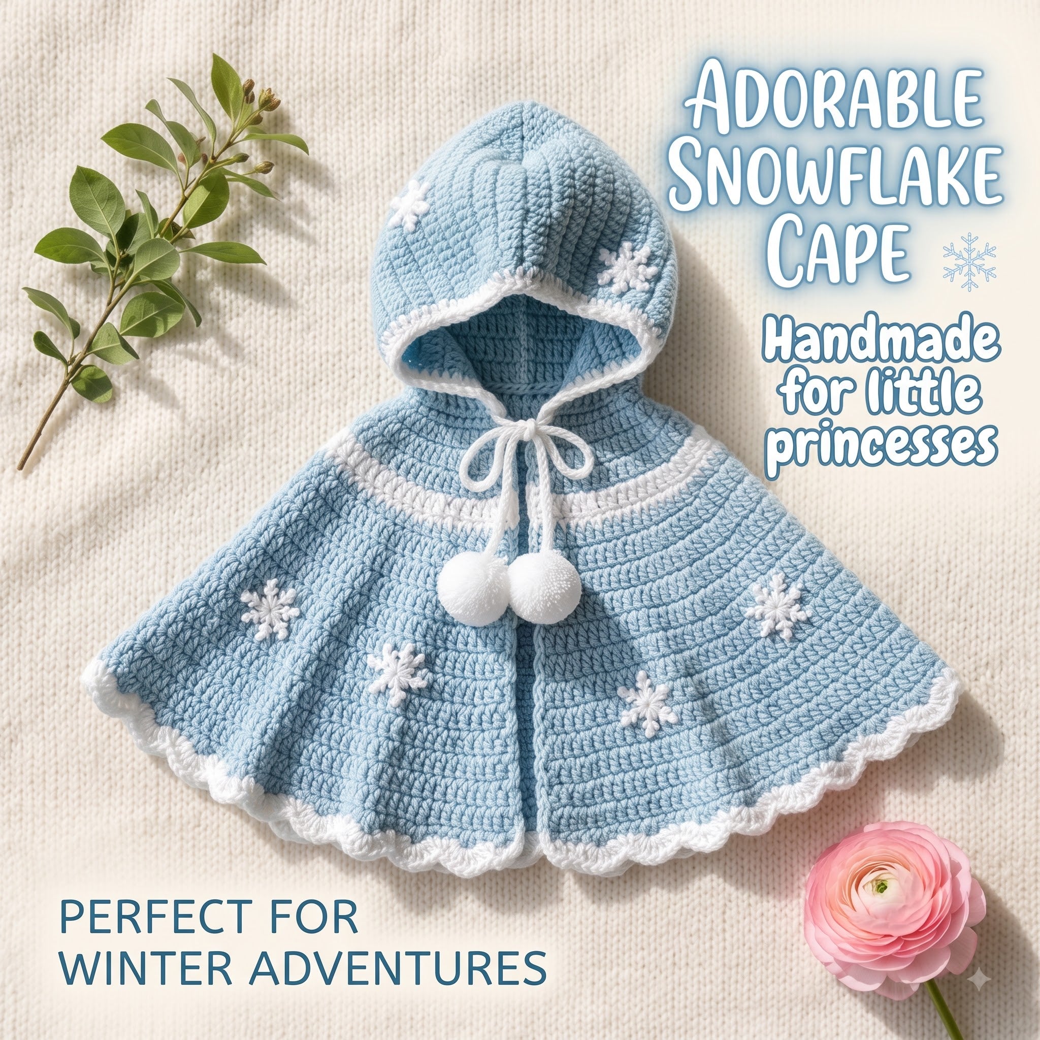 Crochet Baby Cape, Handmade Blue Snowflake Hooded Poncho, Winter Princess Newborn Photo Prop, Baby Shower Gift
