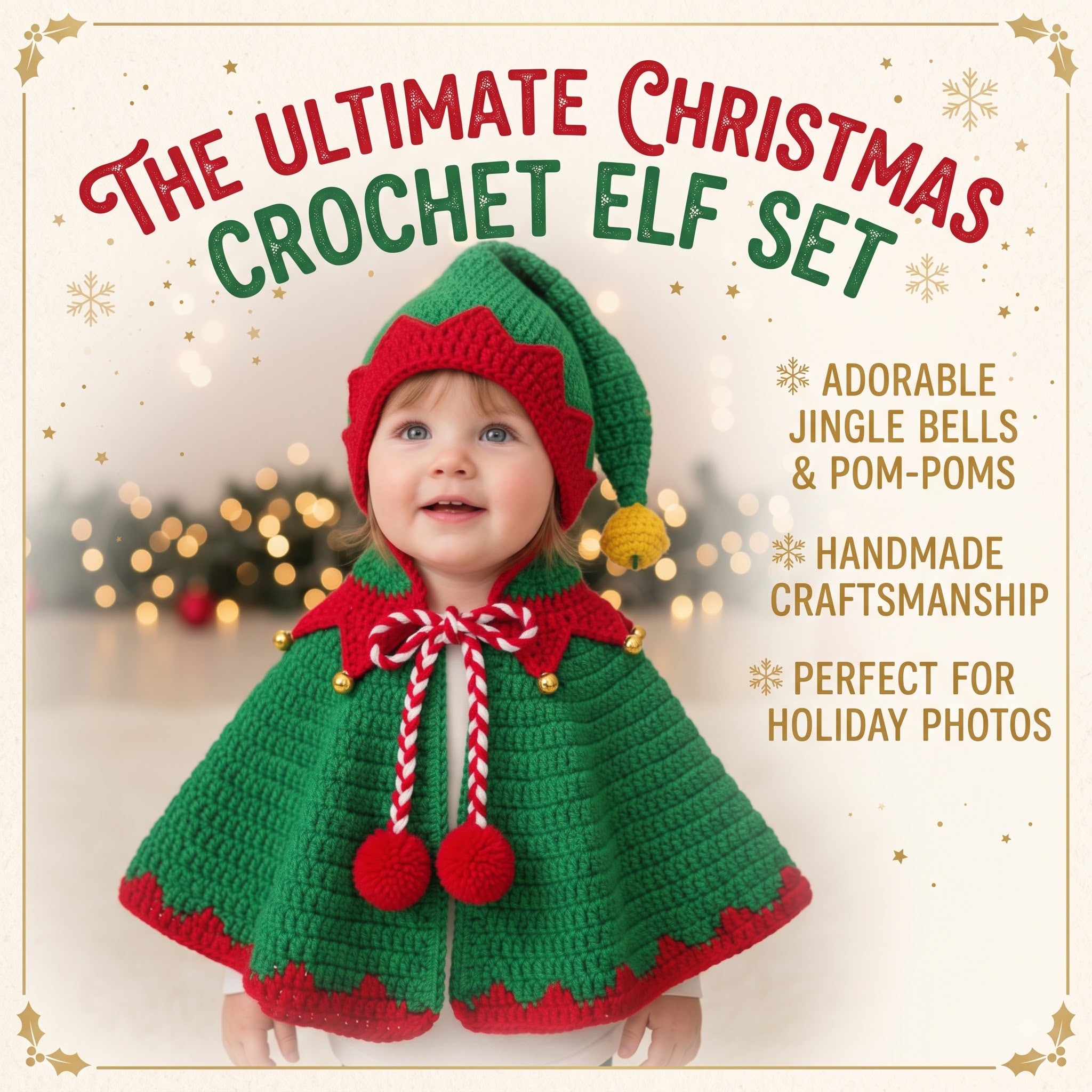 Handmade Crochet Elf Baby Outfit, Green Red Cape & Hat Set with Bells, Newborn Christmas Photo Prop, First Christmas Gift