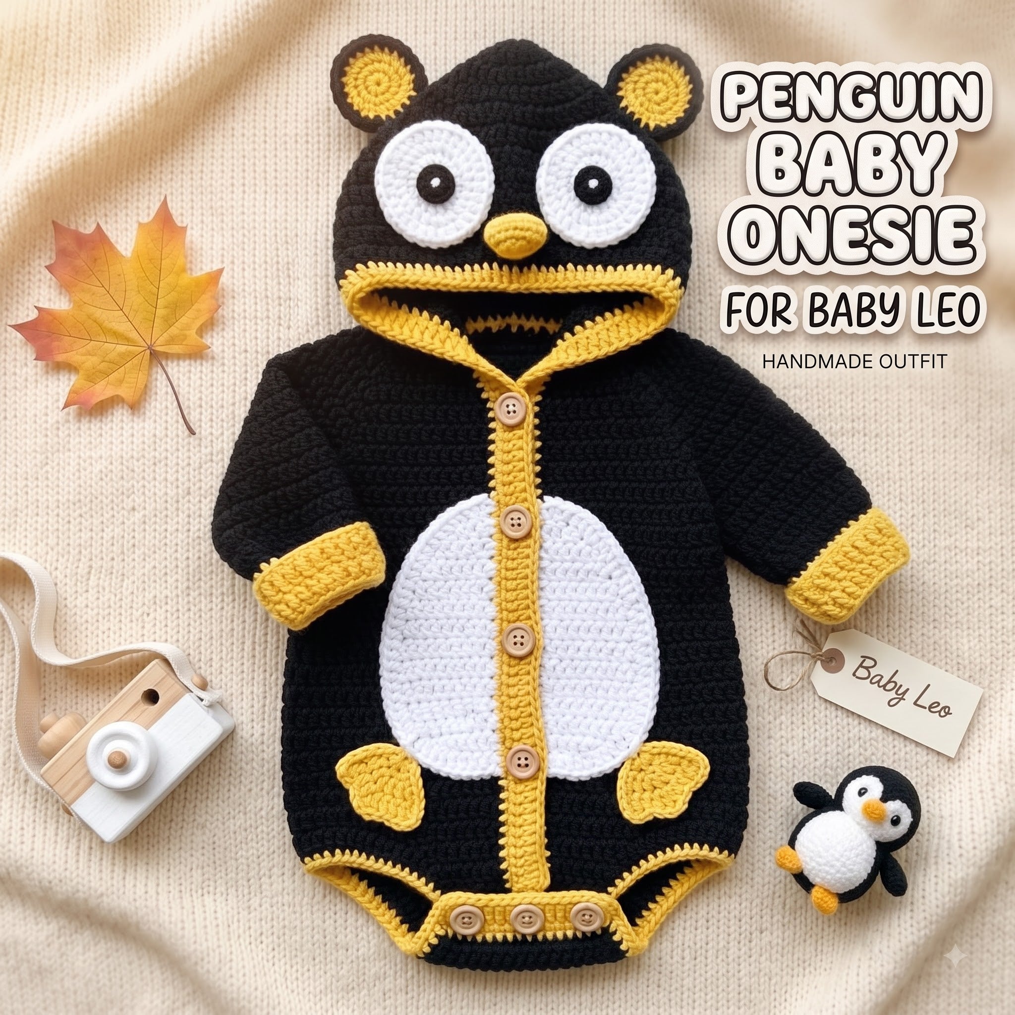 Crochet Penguin Baby Romper, Handmade Hooded Costume, Newborn Photo Prop, Baby’s First Halloween Outfit, Winter Baby Gift