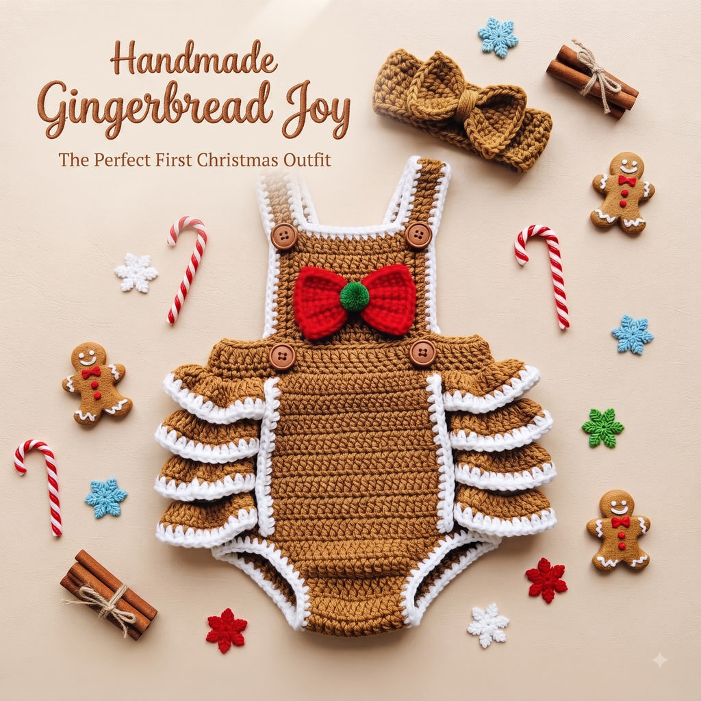 Crochet Gingerbread Baby Romper, Handmade Christmas Outfit with Bow Headband, Newborn Photo Prop, First Christmas Gift