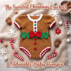 Crochet Gingerbread Baby Romper, Handmade Christmas Outfit with Red Bow, Newborn Photo Prop, Baby’s First Christmas Gift