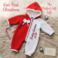 Personalized Crochet Baby Romper, Custom Name Christmas Outfit, Red White Hooded Jumpsuit, Newborn Photo Prop, Baby’s First Christmas Gift