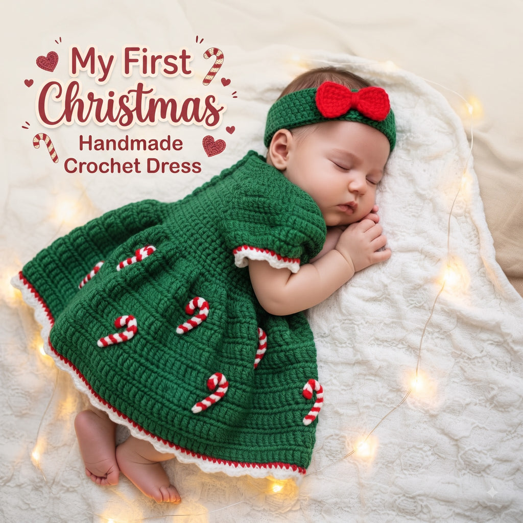 Crochet Baby Christmas Dress, Candy Cane Baby Outfit with Bow Headband, Newborn Photo Prop, Baby Girl First Christmas Gift