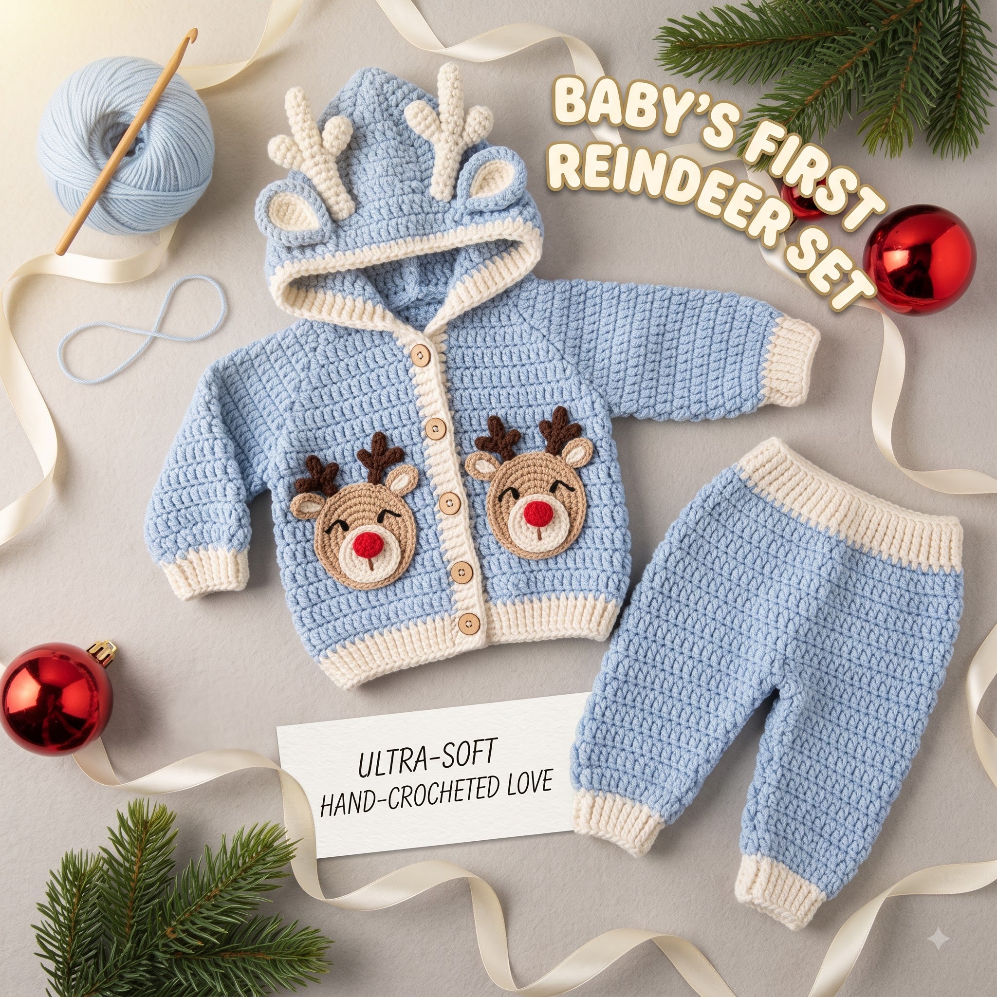 Crochet Reindeer Baby Outfit, Handmade Hooded Cardigan & Pants Set, Newborn Christmas Photo Prop, Baby’s First Christmas Gift