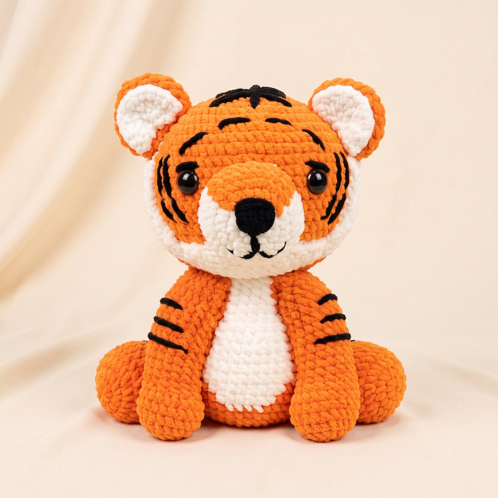 A crocheted tiger amigurumi toy sitting upright, featuring orange yarn with black stripes, a white chest and inner ears, and black embroidered facial details, set against a soft beige draped fabric background.