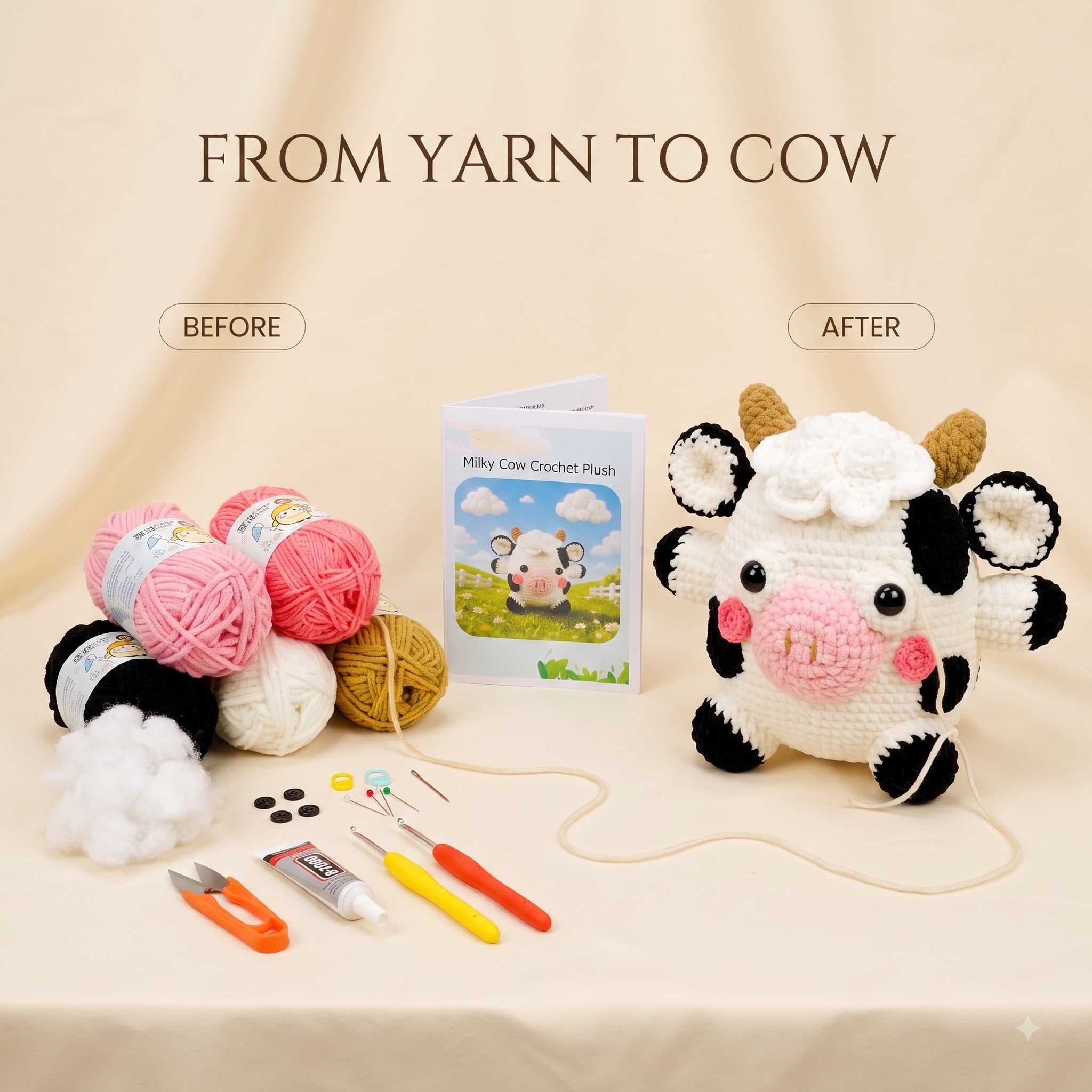 Crochet cow plush kit showing the finished product next to its materials and instruction card, with the text 'FROM YARN TO COW' and 'BEFORE' and 'AFTER' labels on a beige fabric background.