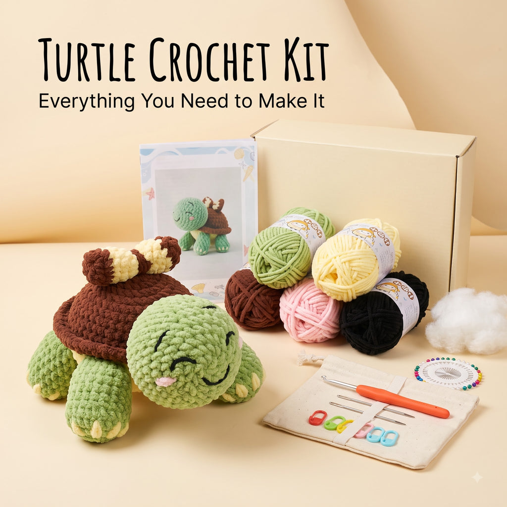 Turtle crochet kit displayed with a crocheted turtle toy, multiple balls of yarn in green, brown, pink, yellow, and black, a beige box, a crochet hook, a small tool card, and puff cotton on a warm beige background with the text 'TURTLE CROCHET KIT Everything You Need to Make It'.