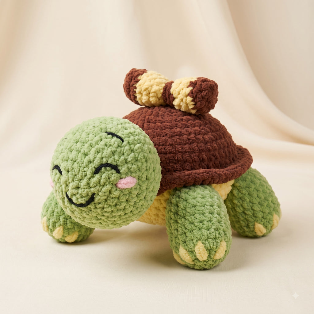 A crocheted turtle plush toy with a green head and legs, a brown shell, and cream accents, posed on a soft beige fabric background.