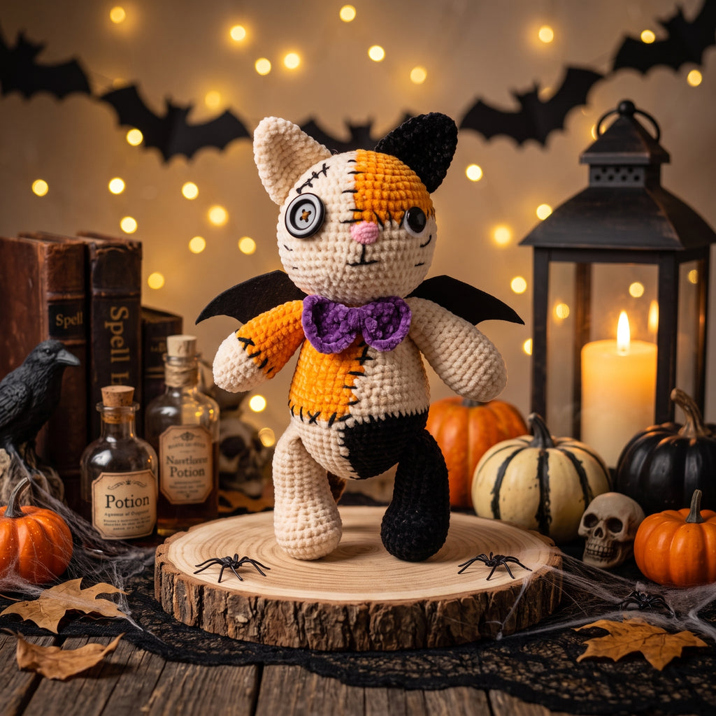 Halloween Cat Crochet Pattern PDF, Patchwork Cat Amigurumi, Bat Wing Kitty Plush, Spooky Crochet Pattern, Digital Download