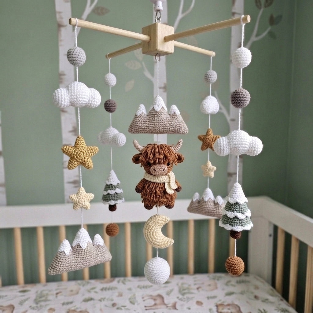 Winter Highland Cow Crochet Nursery Mobile, Snowy Mountain Crib Hanging with Pine Trees, Moon, Clouds and Stars