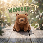 A crocheted brown wombat doll sits on a wooden surface outdoors with blurred green leaves and warm sunlight in the background. Large text at the top reads “HANDMADE CROCHET WOMBAT DOLL,” and a small note at the bottom says product images are for illustration purposes only.