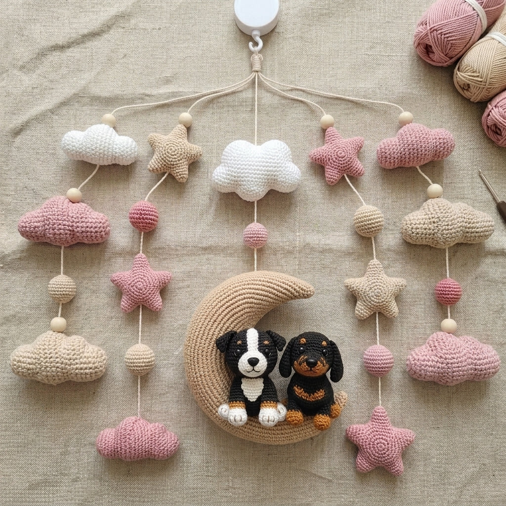 Crochet Dog Baby Mobile, Puppy Moon Crib Mobile