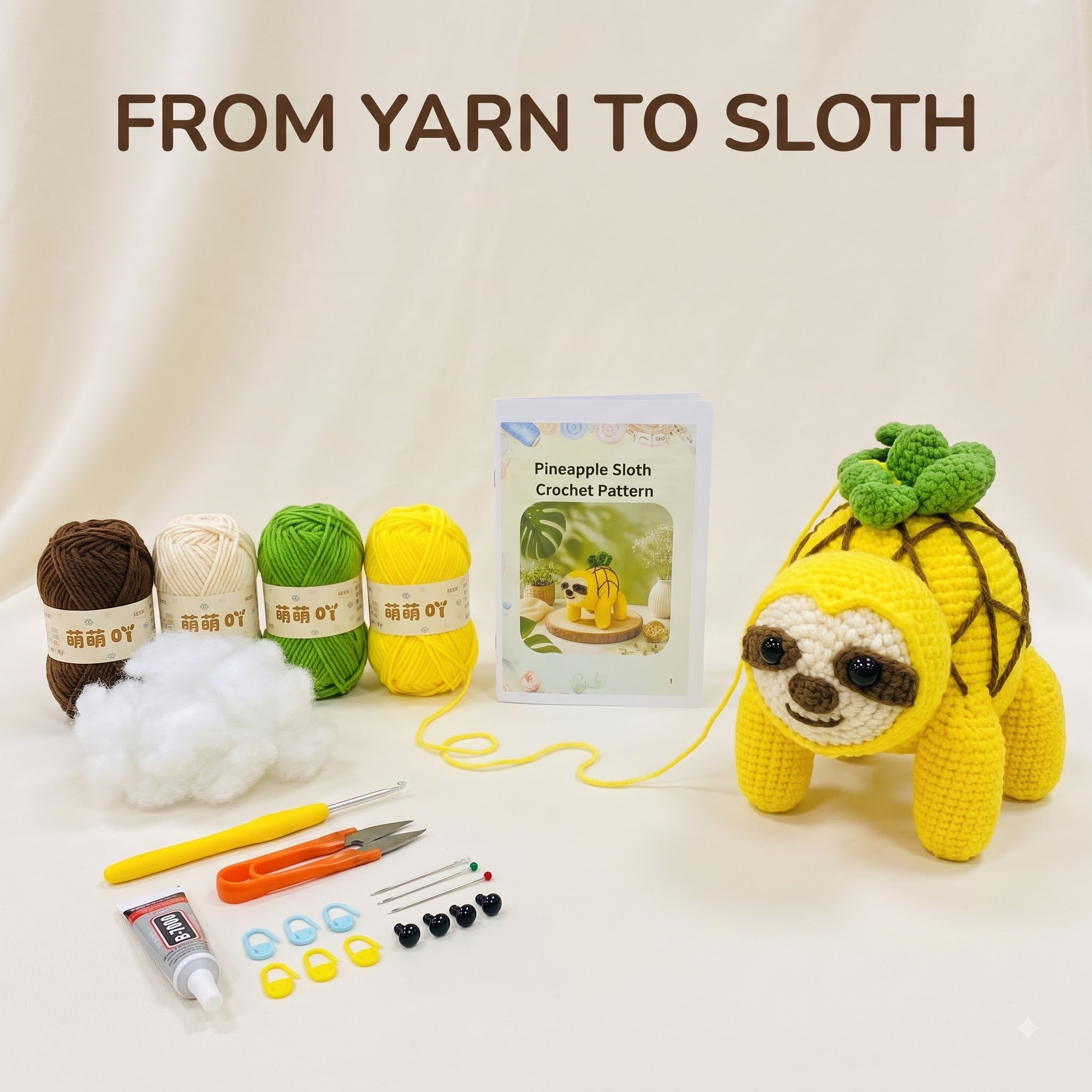 Crochet yarn kit for making a pineapple sloth, featuring a completed yellow crochet sloth with green leaves on its head, three balls of yarn in brown, cream, green, and yellow, a crochet pattern booklet, a white pom-pom, a yellow crochet hook, orange scissors, and other small crafting tools on a cream background with the text 'FROM YARN TO SLOTH'.