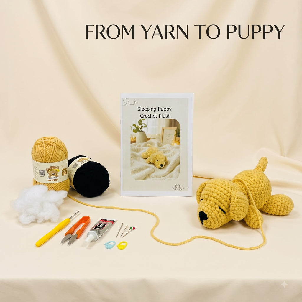 A crocheted puppy toy and its crafting kit are arranged on a cream fabric backdrop with the text 'FROM YARN TO PUPPY' above. The kit includes yellow and black yarn, white stuffing, crochet hooks, thread, buttons, pins, and a booklet labeled 'Sleeping Puppy Crochet Push.