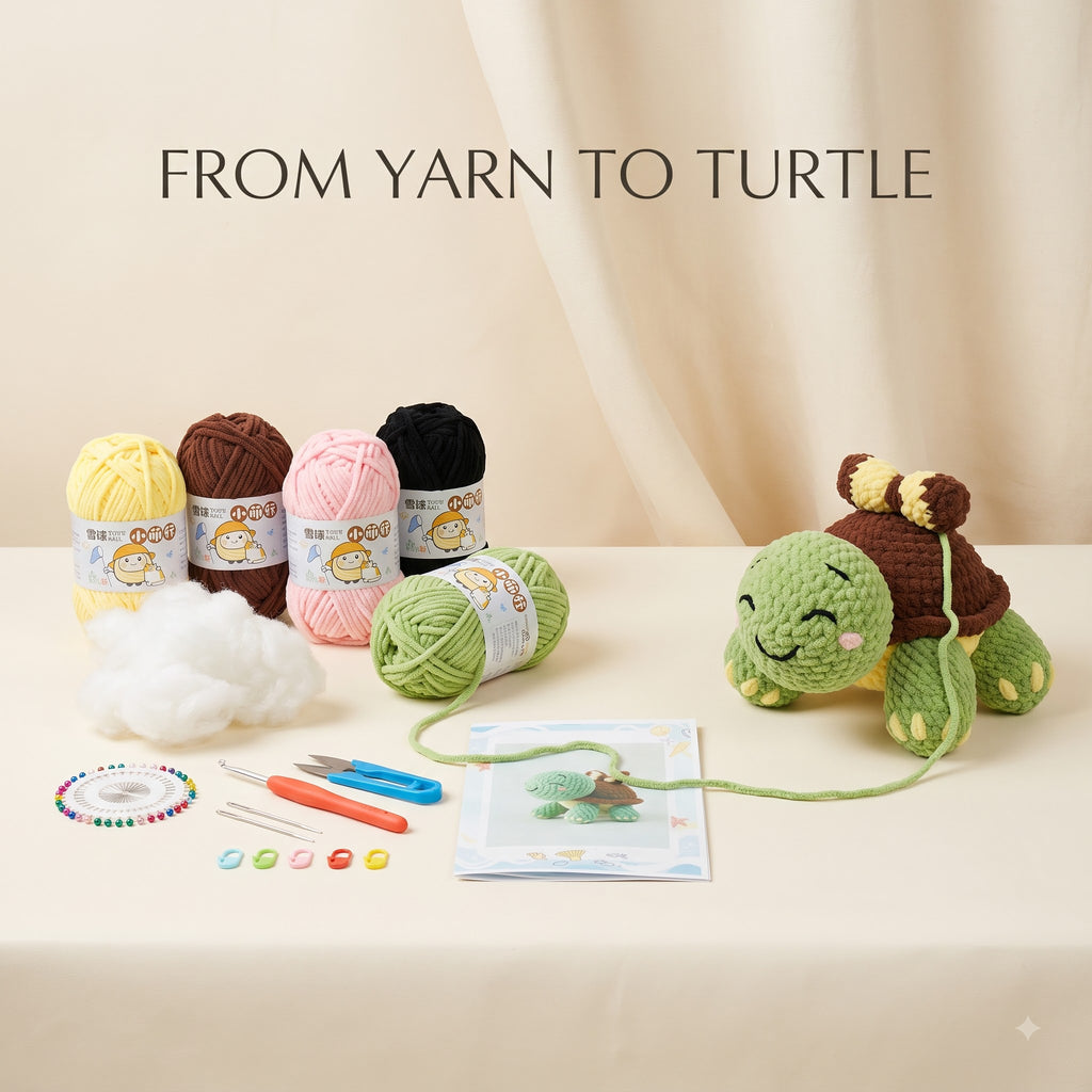A crocheted turtle toy sits on a cream tablecloth beside several balls of yarn, a white stuffing ball, crochet hooks, beads, and a small instruction card, with the text 'FROM YARN TO TURTLE' above. No person or animal is present, and this is a styled product setup rather than a real environment, so subject_type is Product/Packaging.